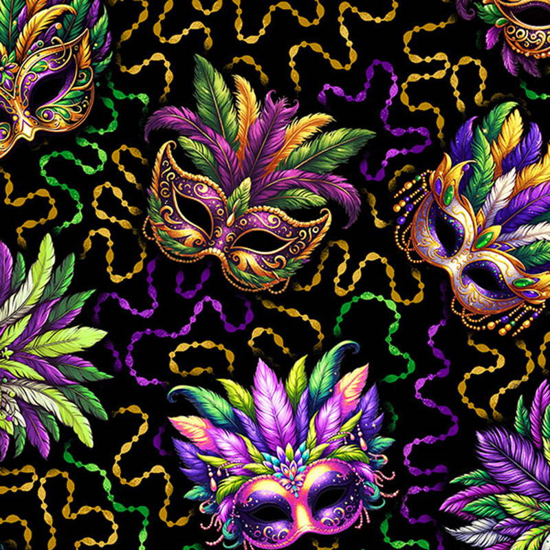 this black fabric features Mardi Gras masks and beaded ribbons. 