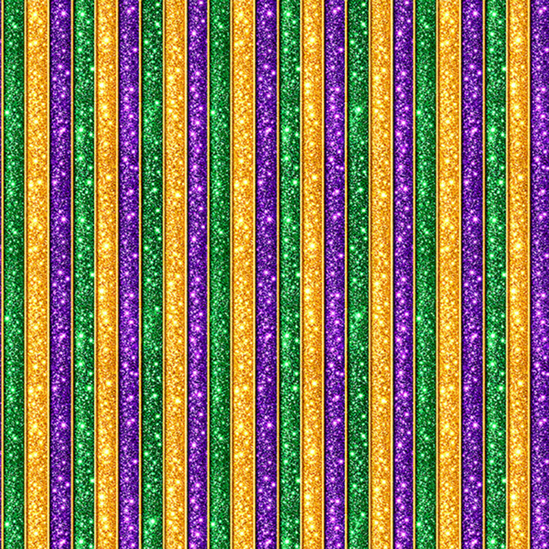 This fabric features stripes of gold, green, and purple with a glitter finish.