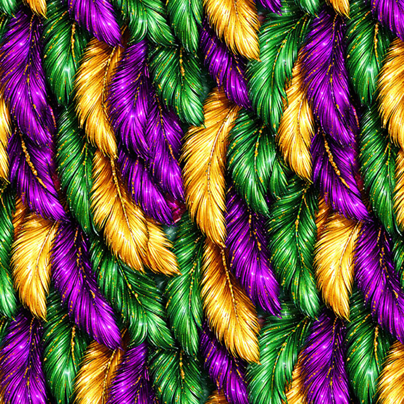This fabric features packed green, gold and purple feathers with gold glitter. 