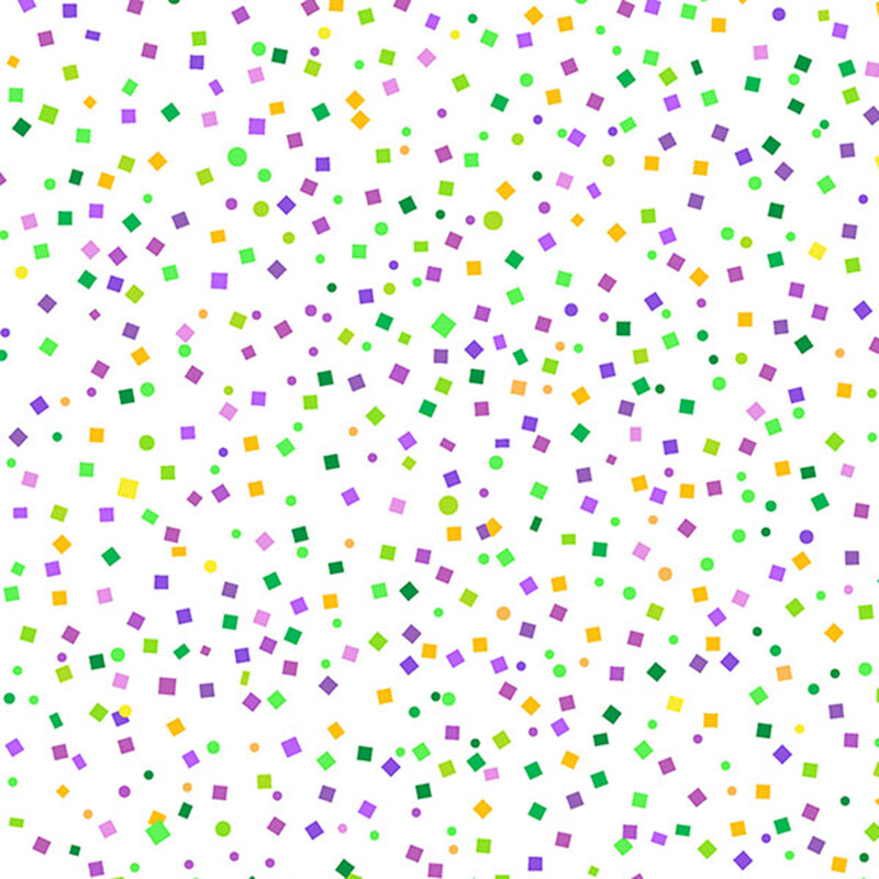 This white fabric features purple, green, and yellow confetti.