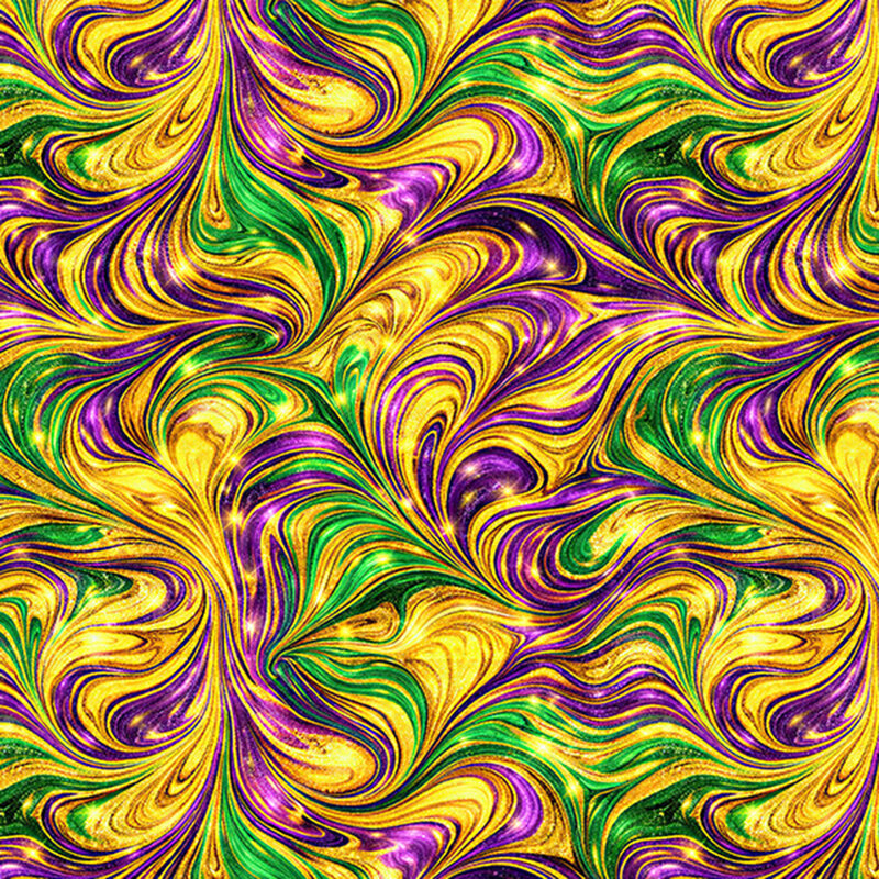 This fabric features a marbled design in yellow, green, and purple, accented with shimmering gold glitter.