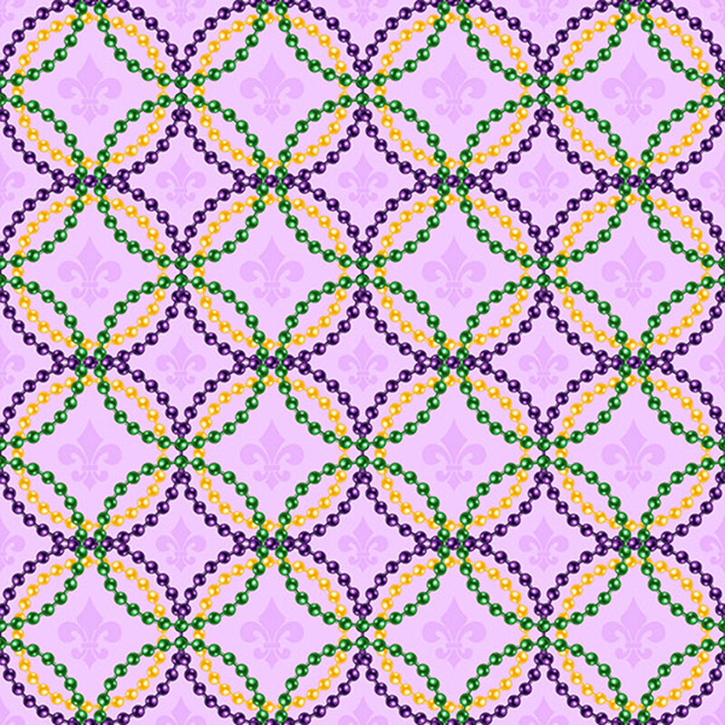This lavender fabric features tonal fleur de lis motifs accented by circles of purple, green, and yellow Mardi Gras beads