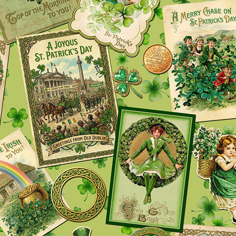 Shamrock green fabric topped with frames, posters, gold, shamrocks, and other Irish cultural motifs.