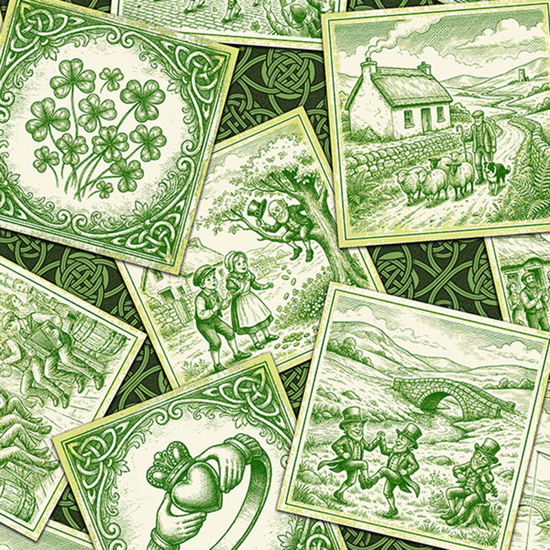 Dark green background with green Celtic knots topped with nostalgic frames of Irish cultural motifs.