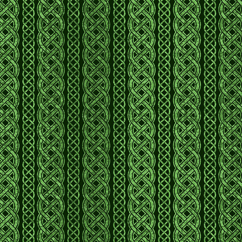 Dark green fabric with alternating styles of Celtic knot stripes.