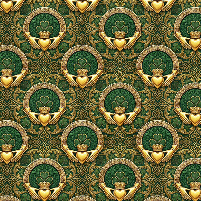 Intricate gold and green Celtic-inspired claddagh ring ornamental pattern.