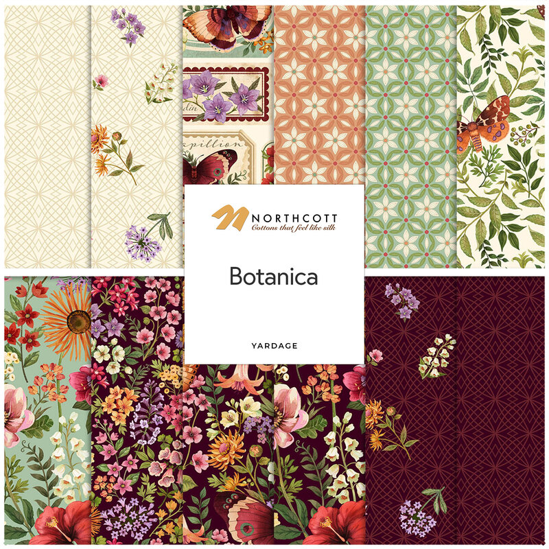 Collage of the Northcott Fabrics Botanica yardage collection.