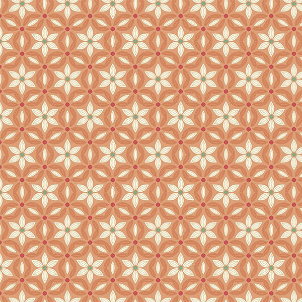 Coral orange fabric with a cream floral grid half-drop pattern.