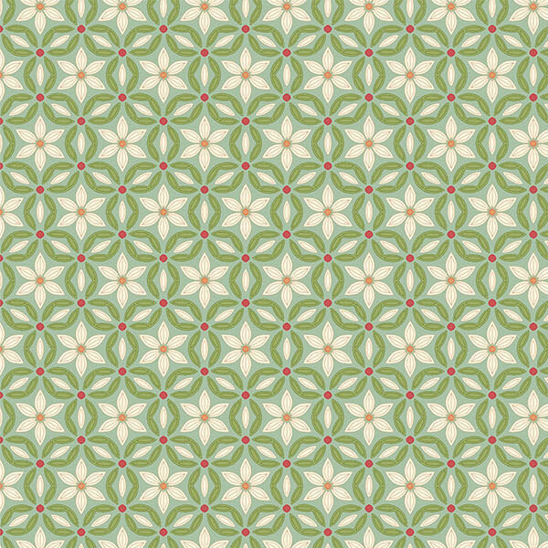 Mint fabric with a cream colored floral grid half-drop pattern.