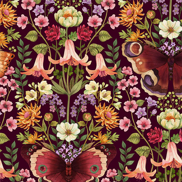 Packed florals and butterflies laid on a maroon fabric.