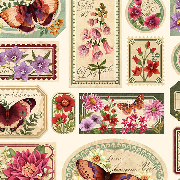 Floral postage stamps on a cream background.