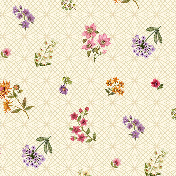 Florals tossed onto a circular geometric pattern on a cream fabric.