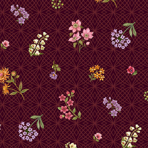 Florals tossed onto a circular geometric pattern on a maroon fabric.