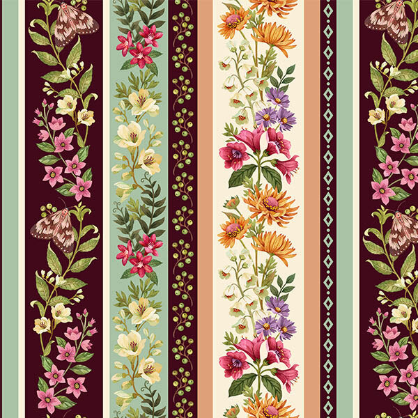 Vertical stripes of floral arrangements on cream, mint, and maroon colored fabric.
