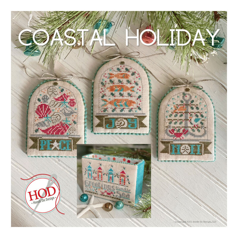 Front image of the Coastal Holiday pattern featuring the 3 finished ornaments and storage box.