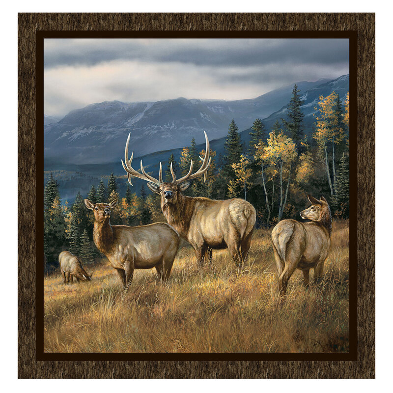 Panel of elk grazing in a grassy field, bordered by a woodgrain texture.