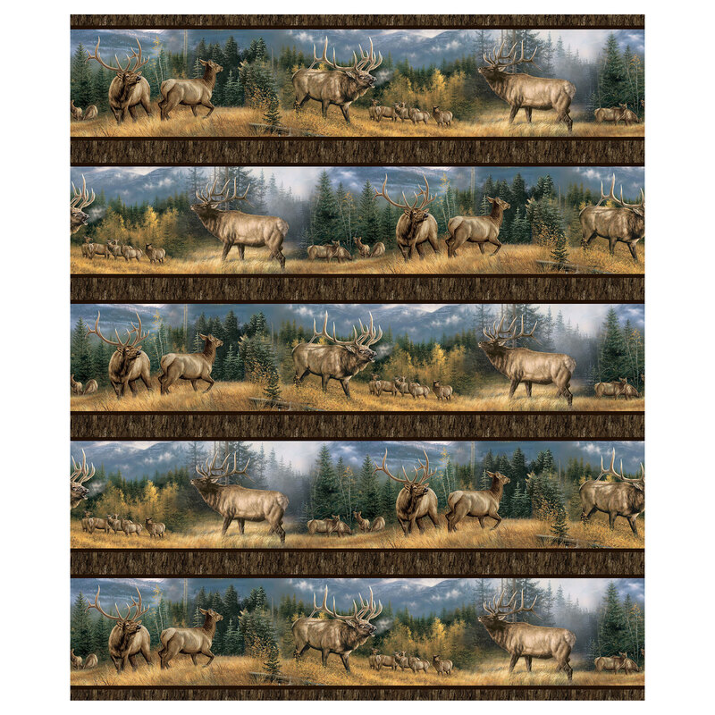 Border stripe with elk grazing about a grassy field, separated by stripes of woodgrain.