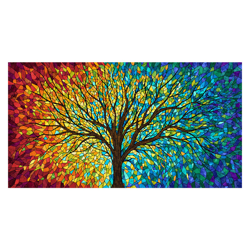 Large panel featuring a tree reaching across the whole fabric separating warm and cool colors.