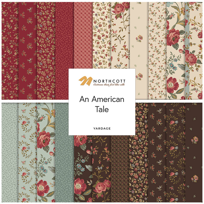 A collage of vintage floral fabrics in hues of red, cream, blue, and brown from the An American Tale collection.