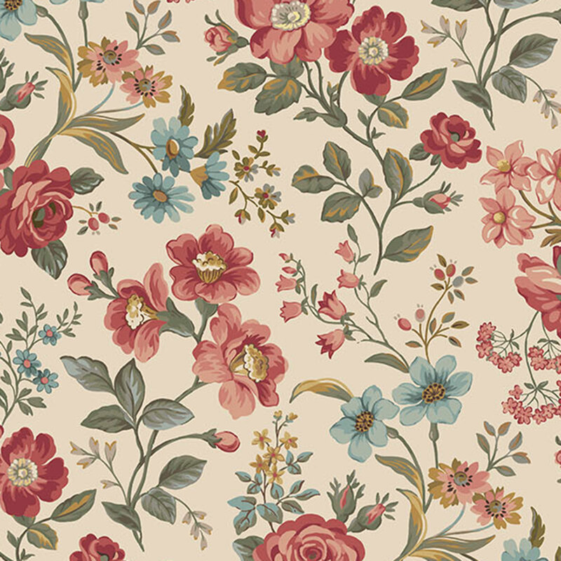 Rose pink and blue florals with delicate green and golden yellow stems tossed on a soft beige background.