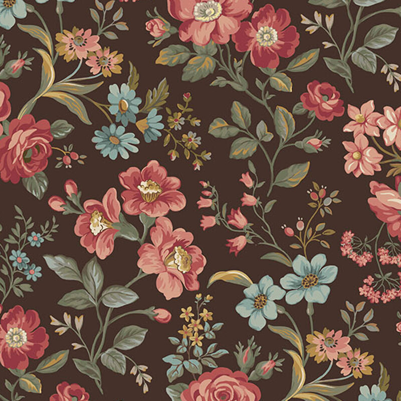 Rose pink and blue florals with delicate green and golden yellow stems tossed on a dark chocolate background.