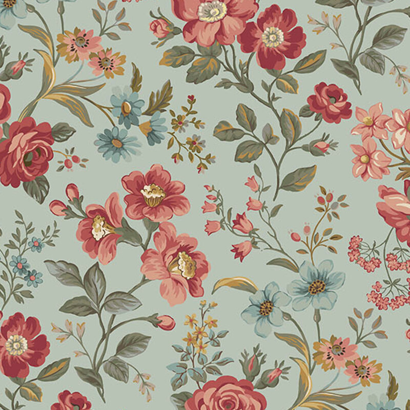 Rose pink and blue florals with delicate green and golden yellow stems tossed on a dusty blue background.