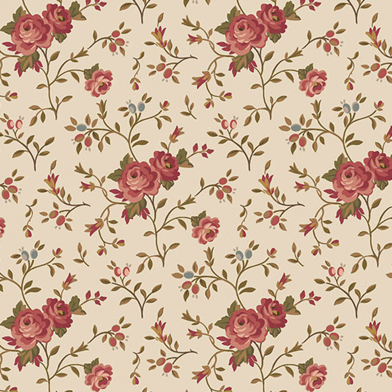 rose blossoms with leafy stems and berry accents on a soft beige background.
