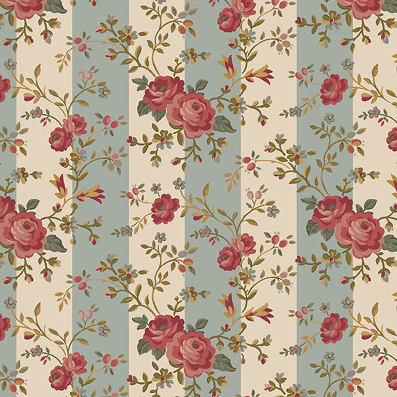 rose blossoms with leafy stems and berry accents on a cream and muted blue striped background.