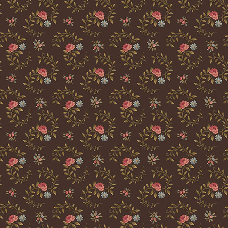 swirling olive vines with red and blue floral blooms accented by berry springs on a dark chocolate background.