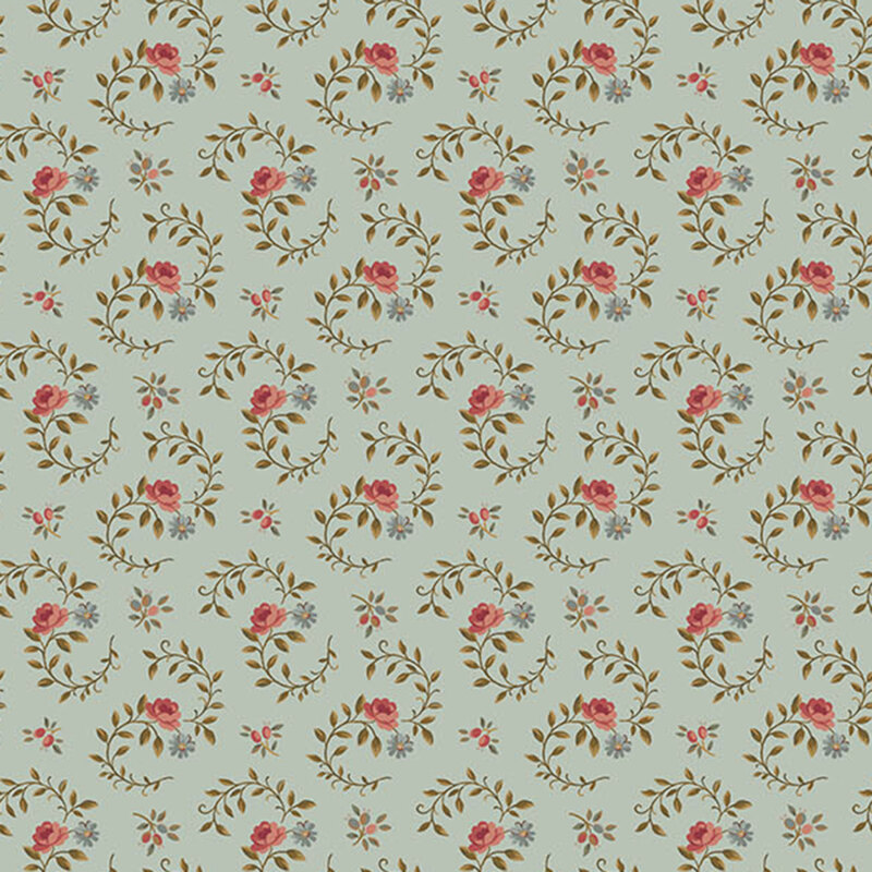 swirling olive vines with red and blue floral blooms accented by berry springs on a dusty blue background.
