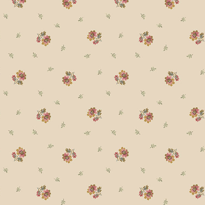 brassy and pink florals sprigs interspaced with lush sage leaves tossed on a soft beige background.
