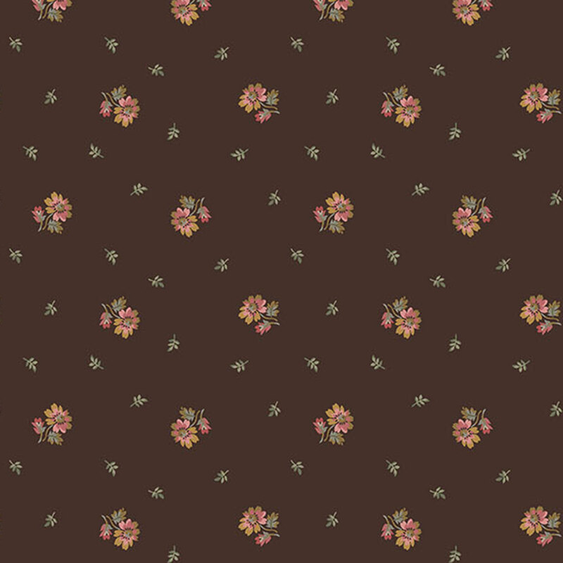 brassy and pink florals sprigs interspaced with lush sage leaves tossed on a dark chocolate background.