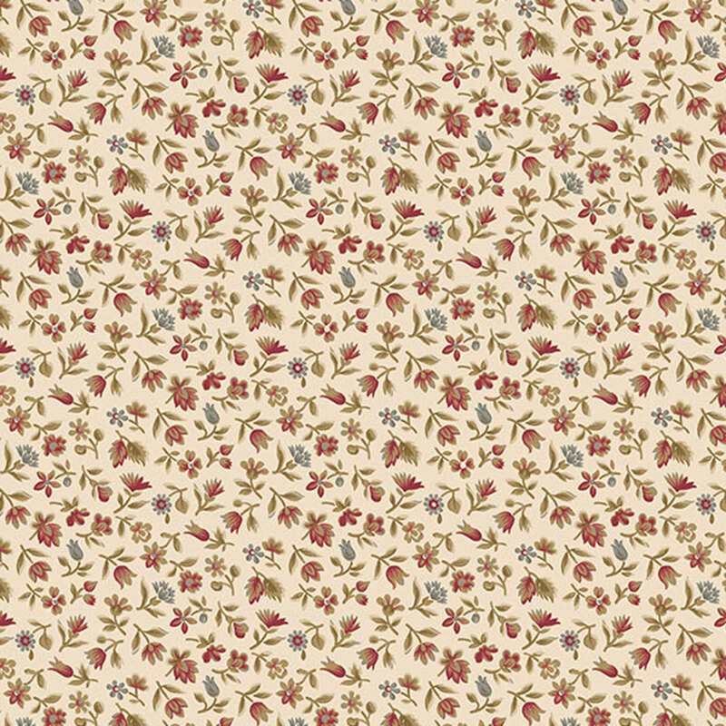 red and slate blue floral sprigs with olive stems packed on a soft beige background.