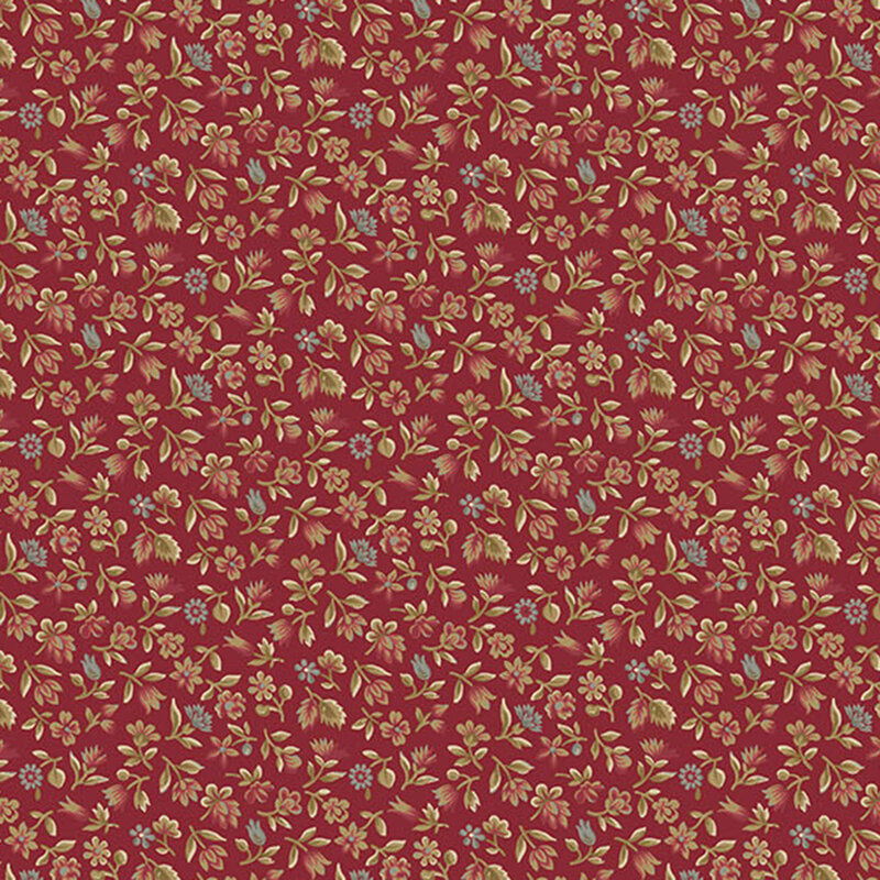 red and slate blue floral sprigs with olive stems packed on a crimson red background.