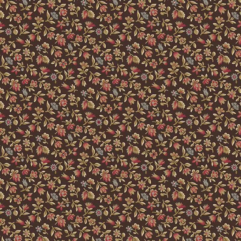 red and slate blue floral sprigs with olive stems packed on a dark chocolate background.