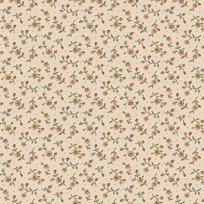 pink and green floral sprigs accented with soft pink dots on a soft beige background.