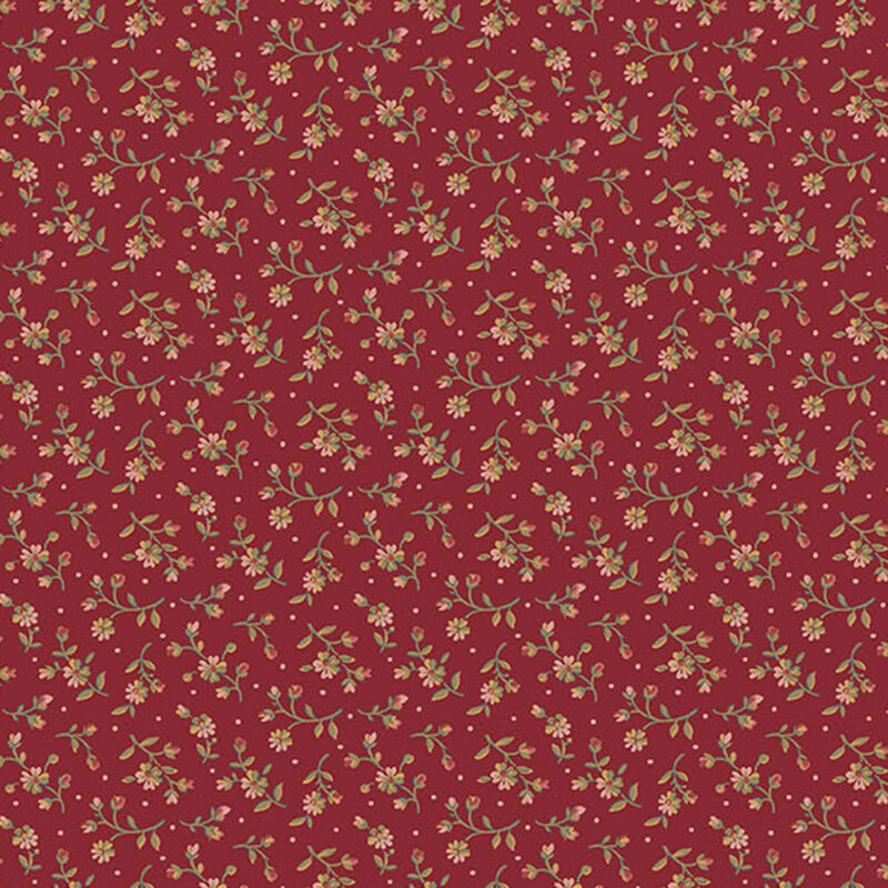 pink and green floral sprigs accented with soft pink dots on a crimson background.