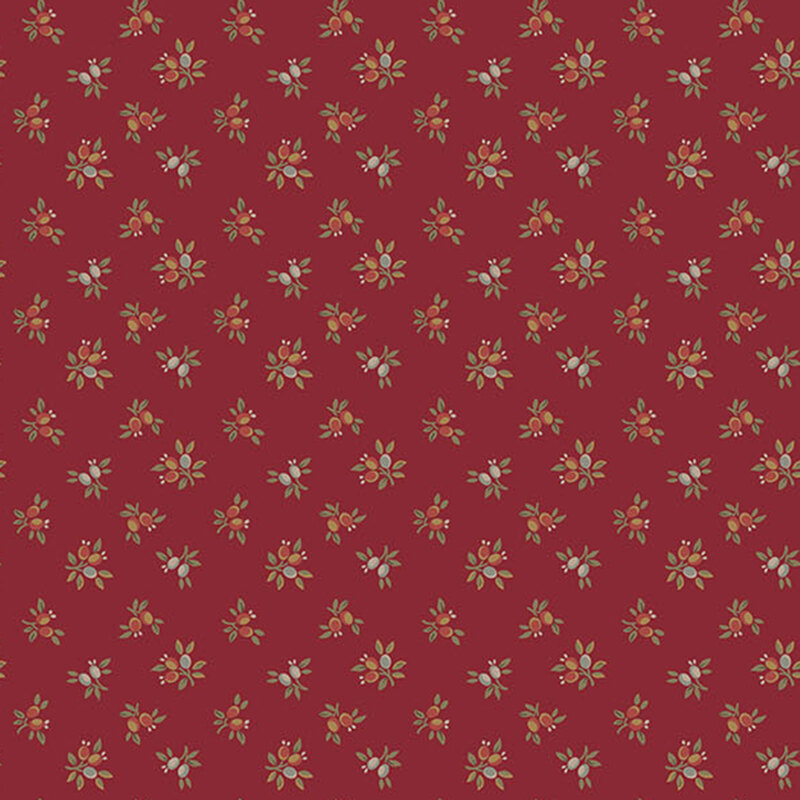 dark crimson fabric featuring a pattern of tossed berry sprigs. 