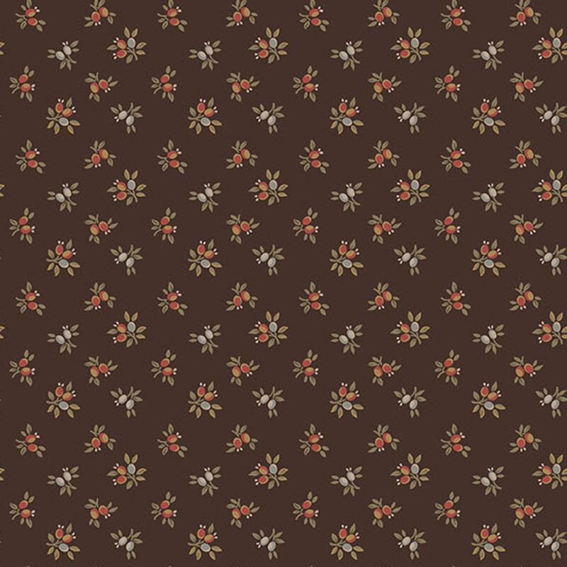dark chocolate fabric featuring a pattern of tossed berry sprigs. 