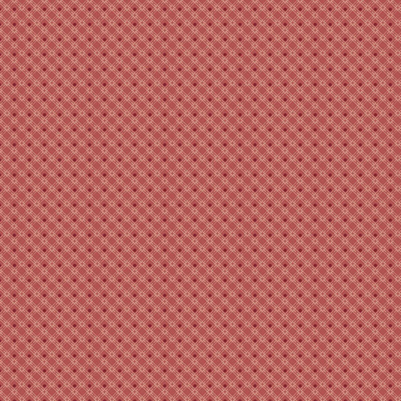 lattice grid pattern accented with rose dots on a redwood background.