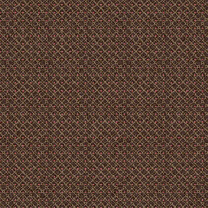 lattice grid pattern accented with rose dots on a dark chocolate background.