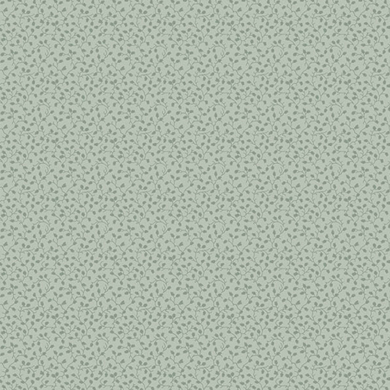 tonal eggshell blue fabric featuring a vine print with tiny leaves and budding sprigs.