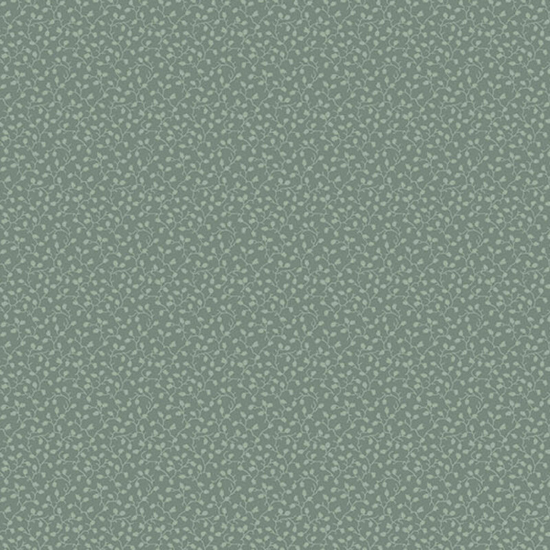 tonal dusty sage fabric featuring a vine print with tiny leaves and budding sprigs.