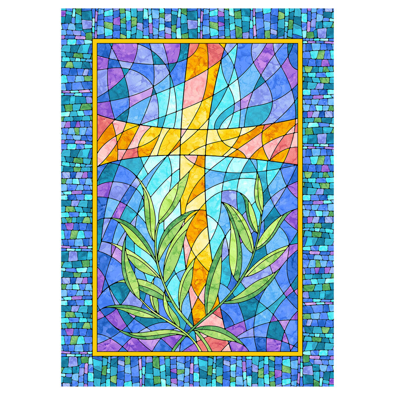 A multicolored stained glass motif panel featuring a warm orange and red-toned cross.