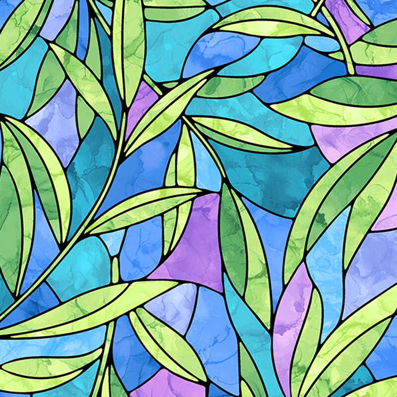 A multi colored fabric featuring a blue, cyan, and purple stained glass motif with green leaves.