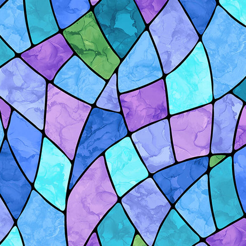 A fabric featuring a blue, cyan, and purple stained glass motif.