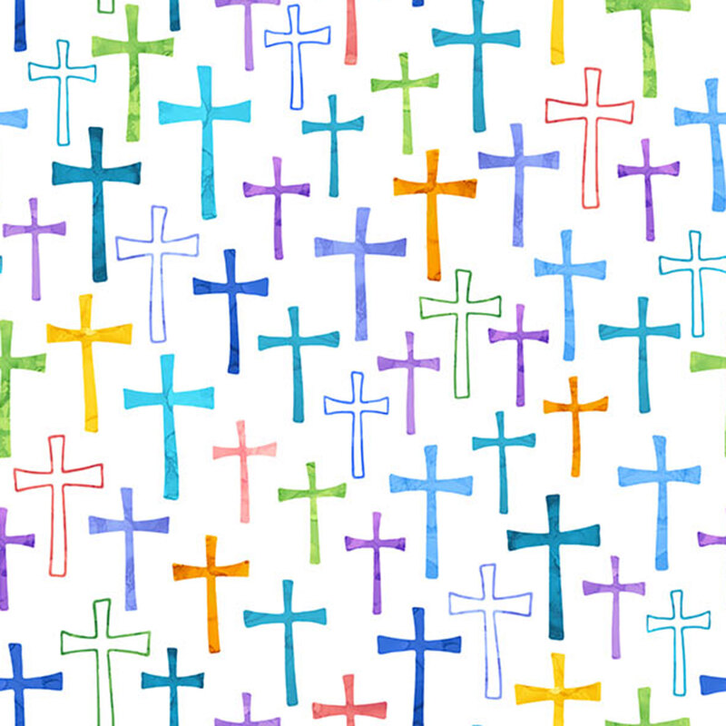 A white fabric featuring colorful crosses.