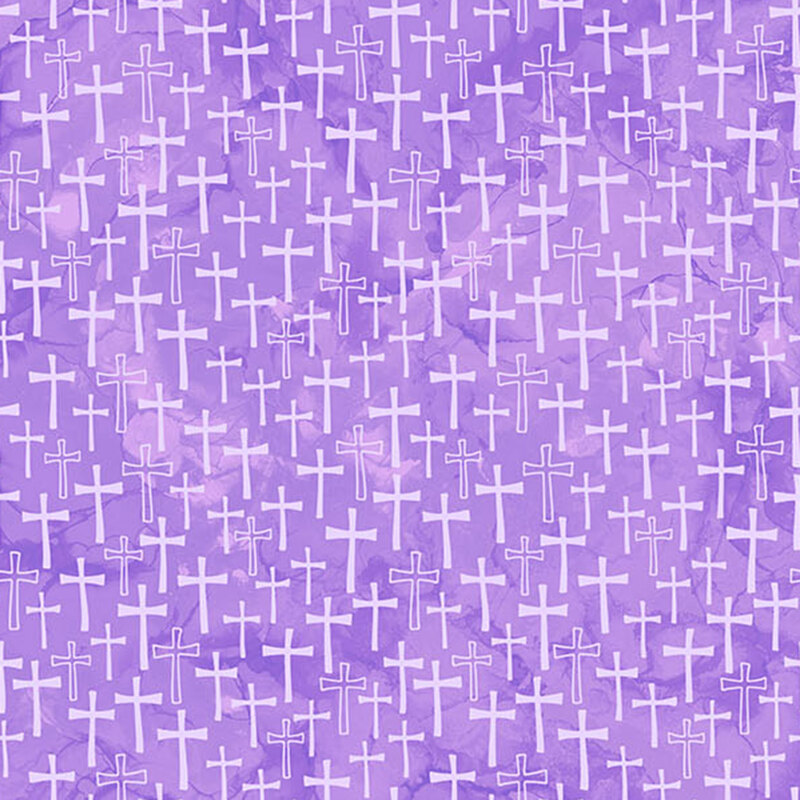 A mottled heather purple fabric featuring white crosses. 