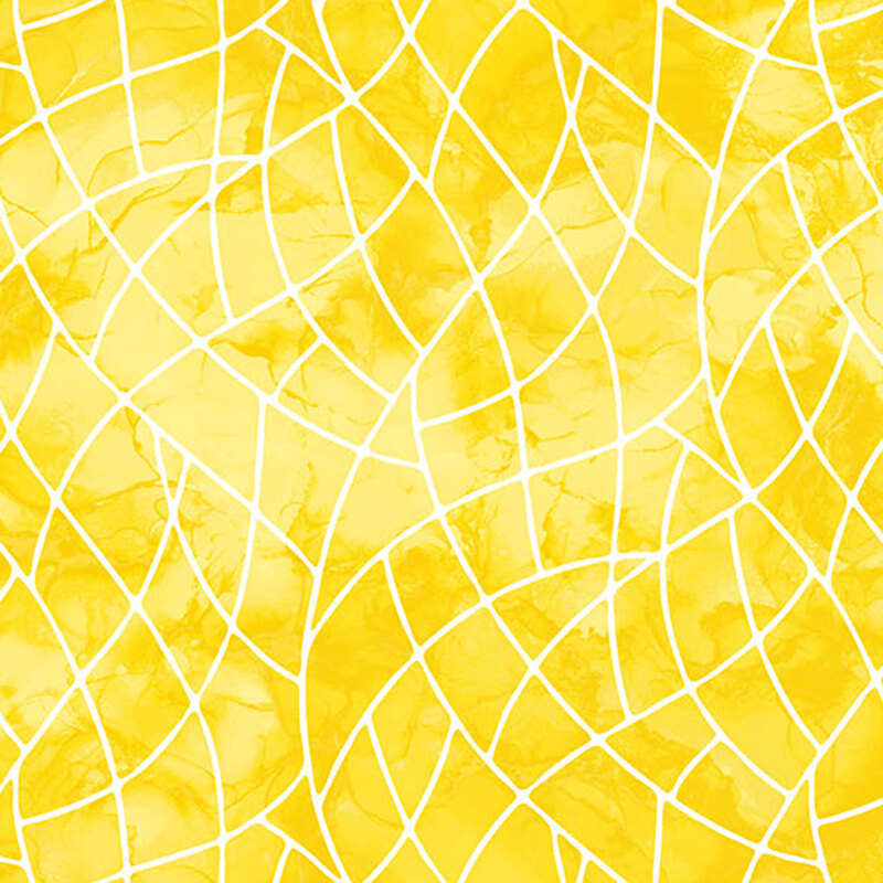 A mottled yellow fabric with a stained glass motif. 