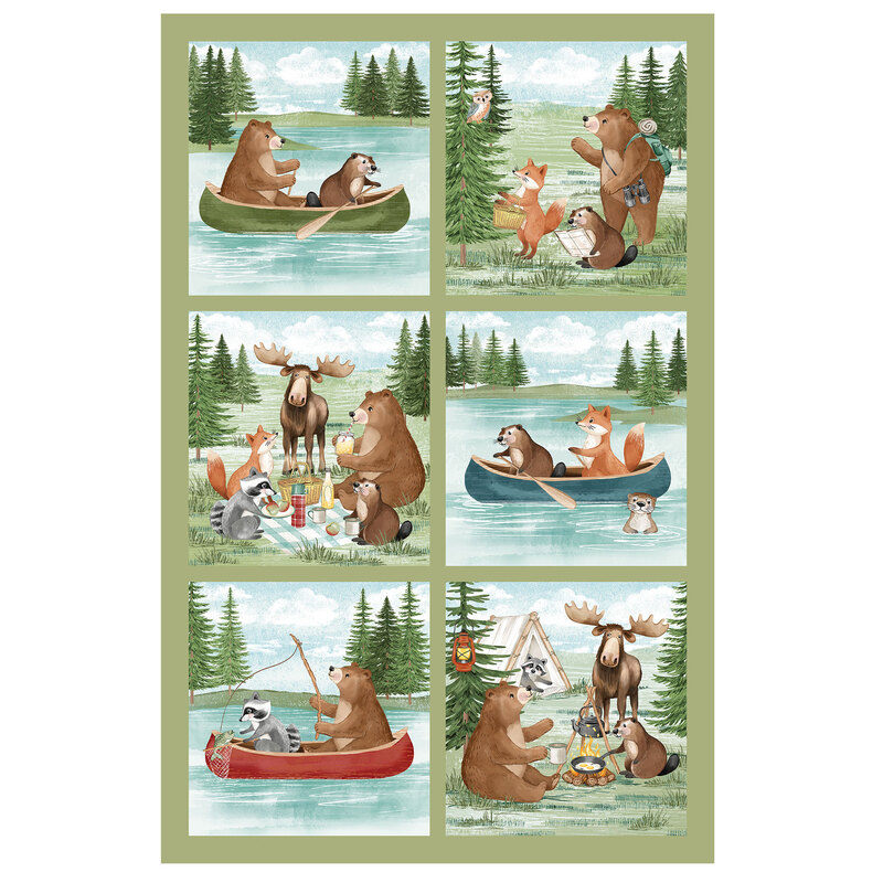A fabric panel depicting six scenes of a bear, beaver, fox, raccoon, otter, owl,and moose doing various outdoor activities in the daytime.